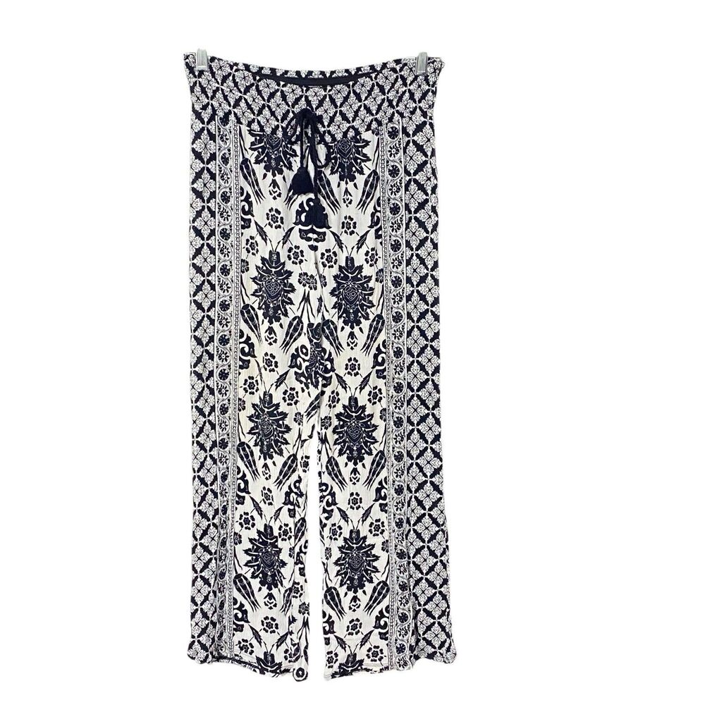 INC Boho M Gauze Wide Leg Pants Black White Print Flowy Floral Peasant Ethnic